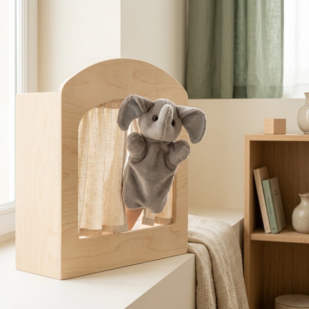 Marionnette éléphant gris dépassant d'un petit castelet en bois Image