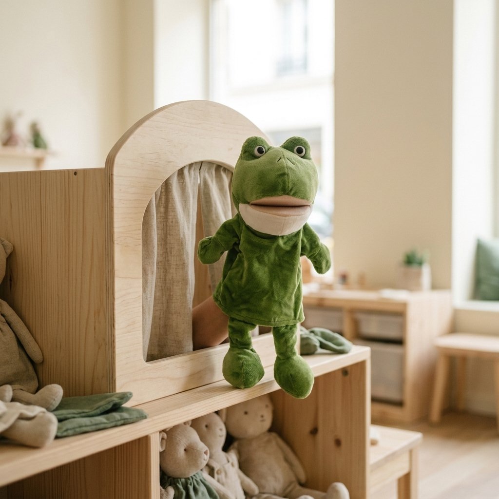 Marionnette grenouille dépassant d'un castelet en bois