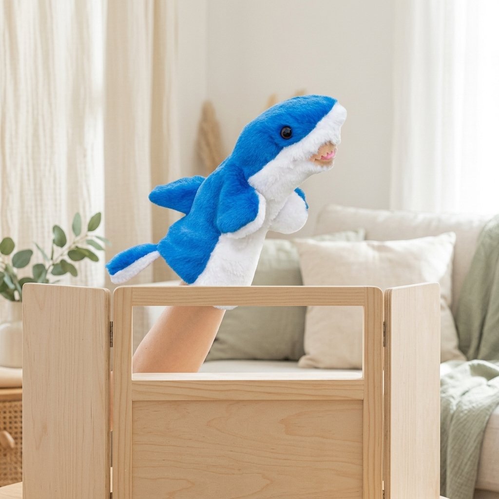 Marionnette requin sur une main derrière un castelet en bois