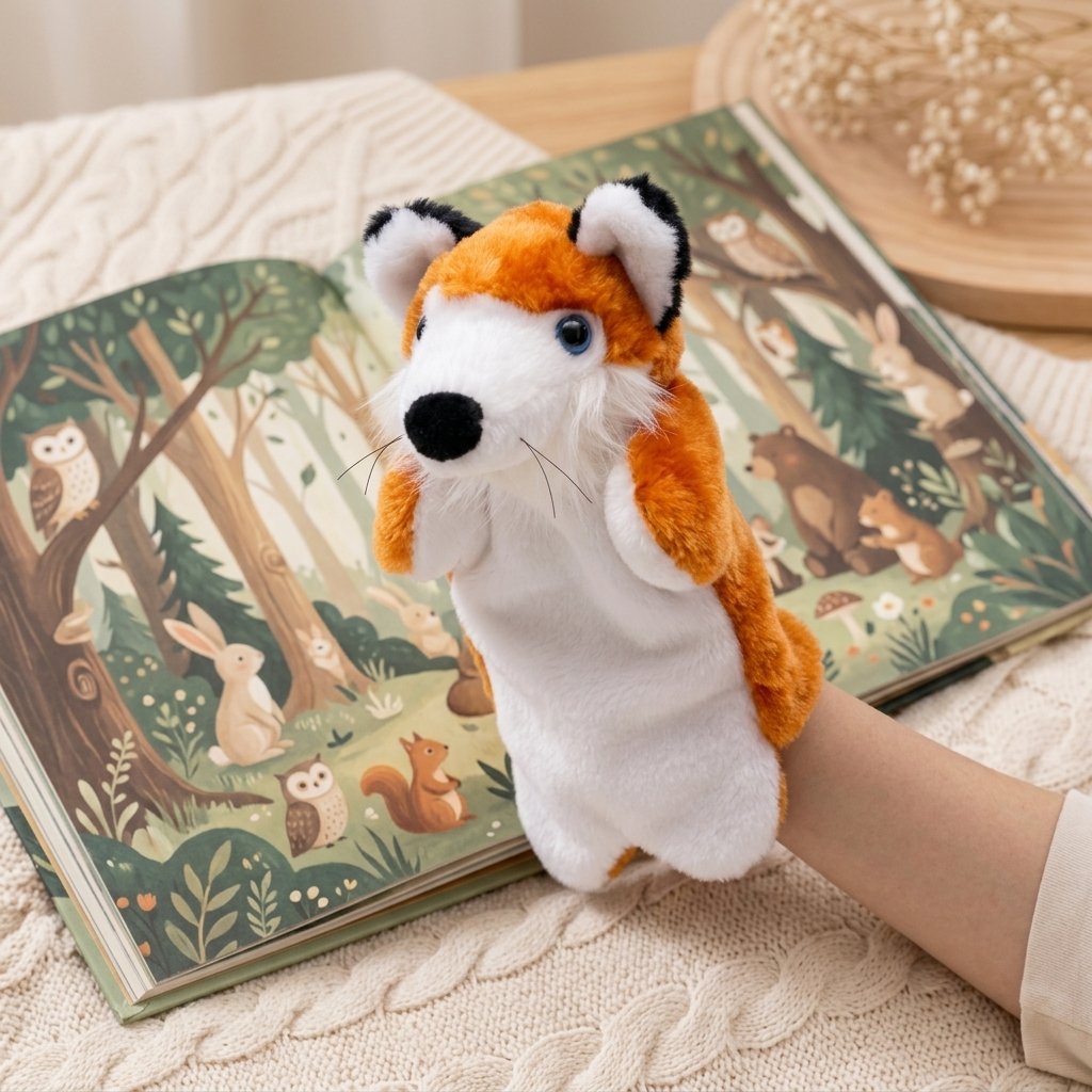 Marionnette renard sur une main à côté d'un livre d'images ouvert