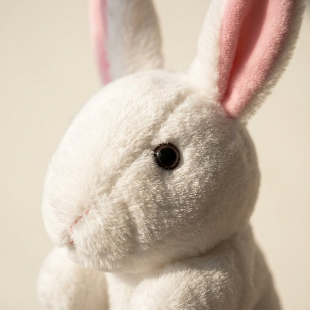 Détail de la tête de la marionnette lapin blanc