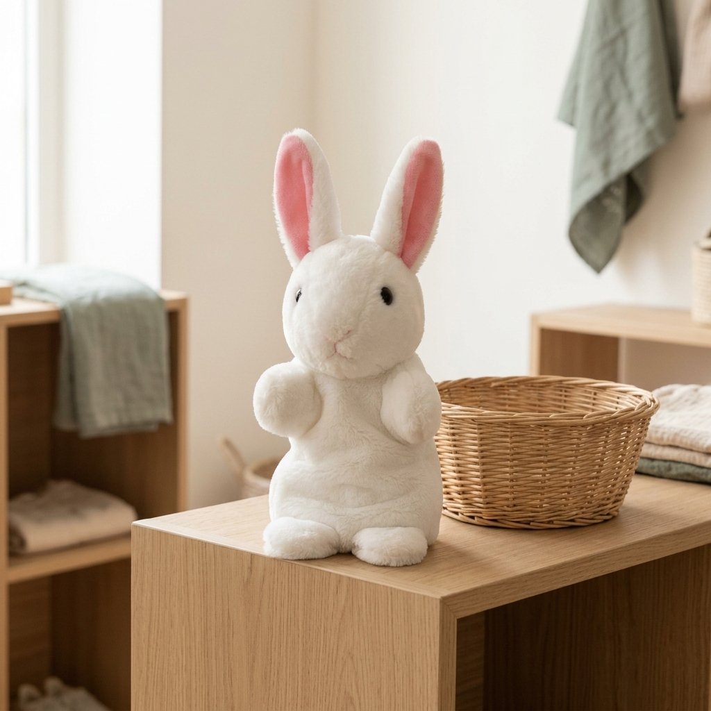 Marionnette lapin blanc sur une étagère