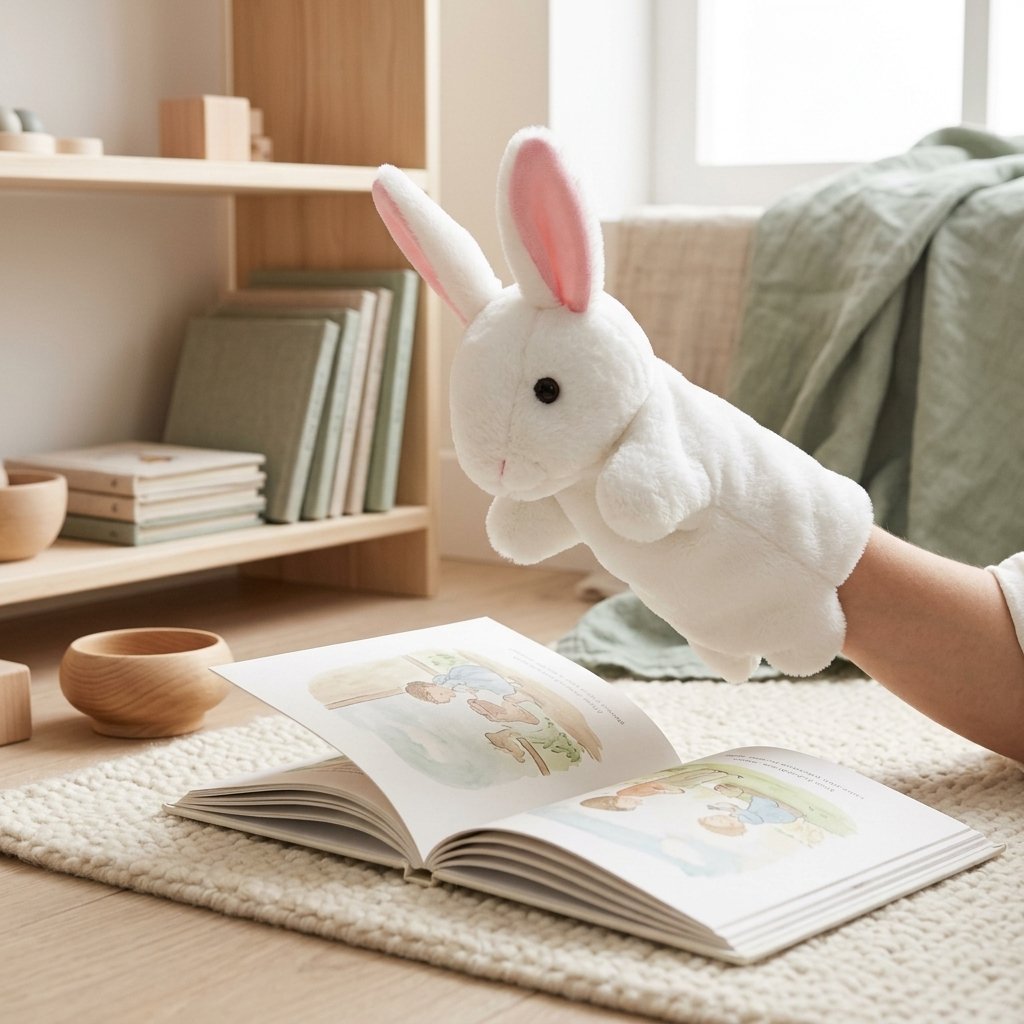 Marionnette lapin blanc penchée sur un album illustré
