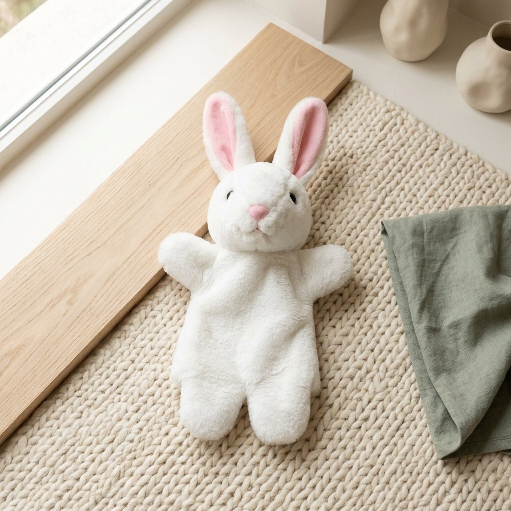 Marionnette lapin blanc posée à plat sur un tapis