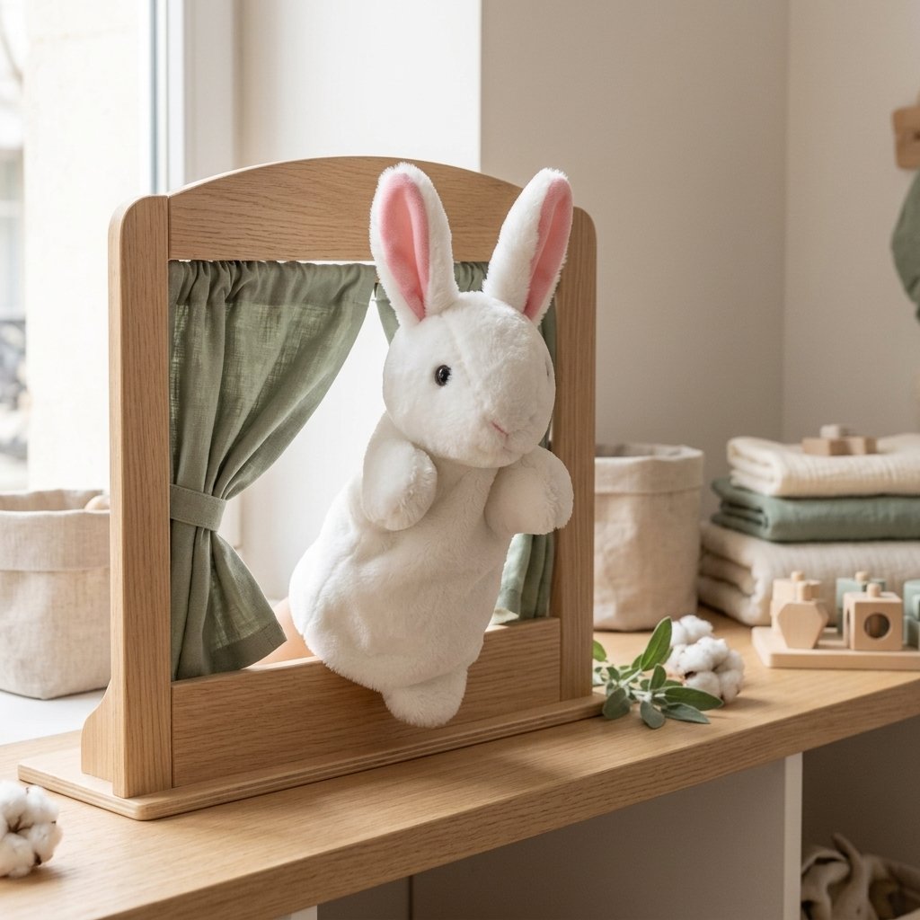Marionnette lapin blanc dépassant d'un petit castelet en bois Image
