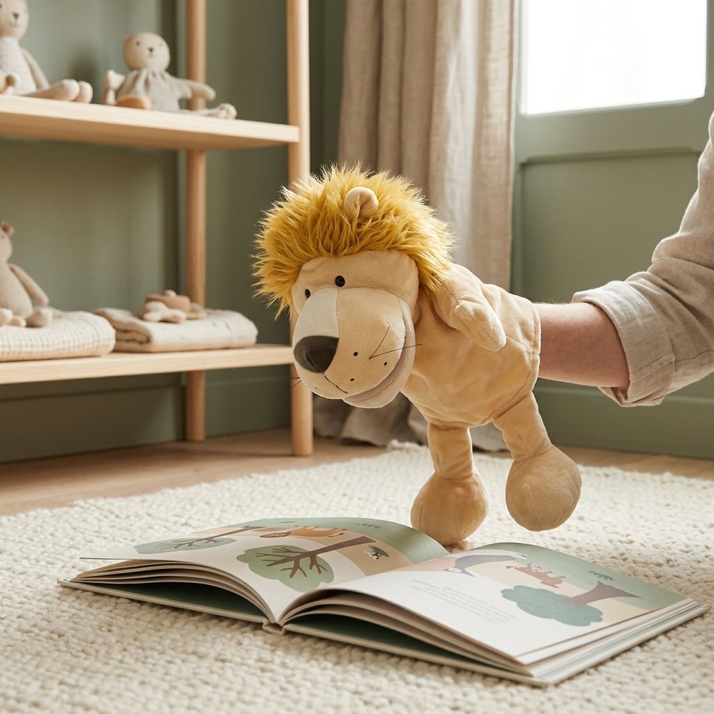 Marionnette lion au-dessus d'un album illustré Image
