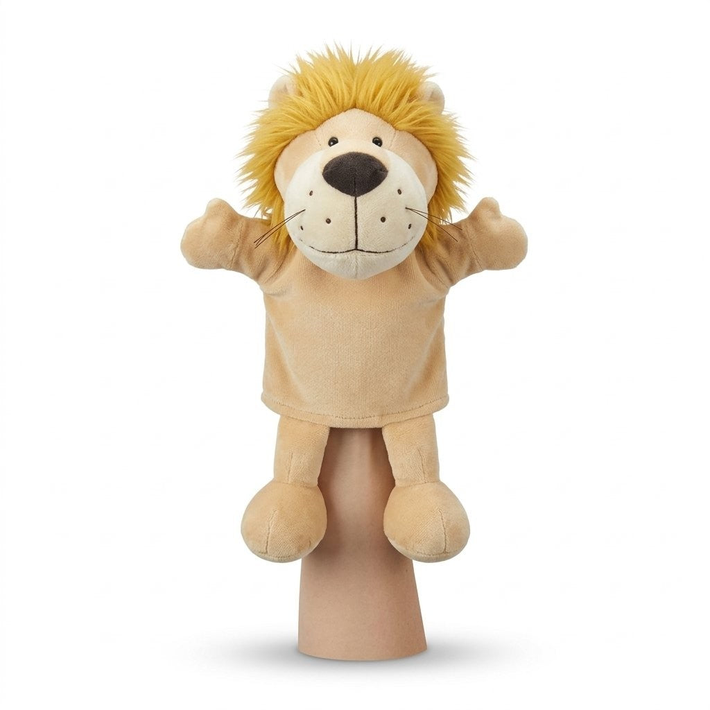 Marionnette lion enfilée sur une main