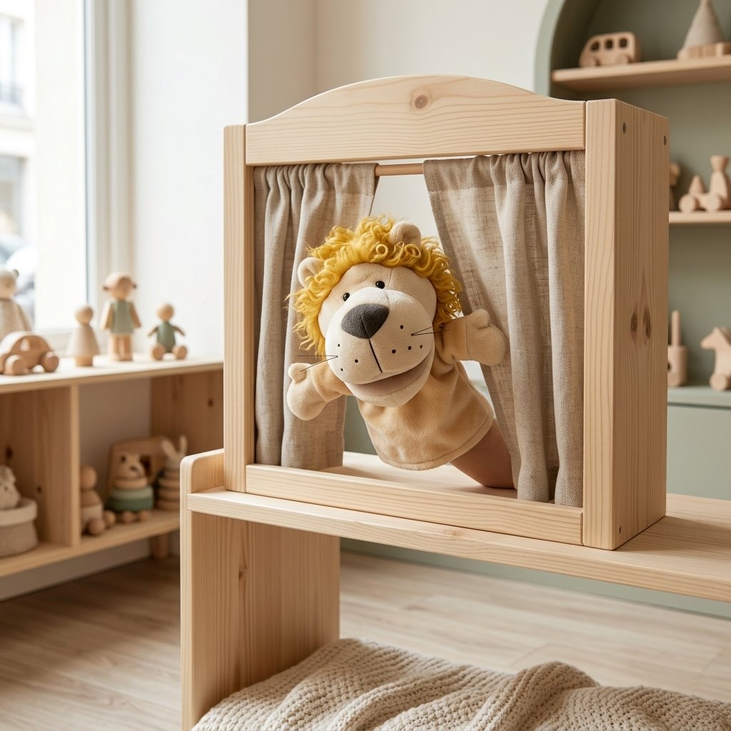 Marionnette lion dépassant d'un castelet en bois Image