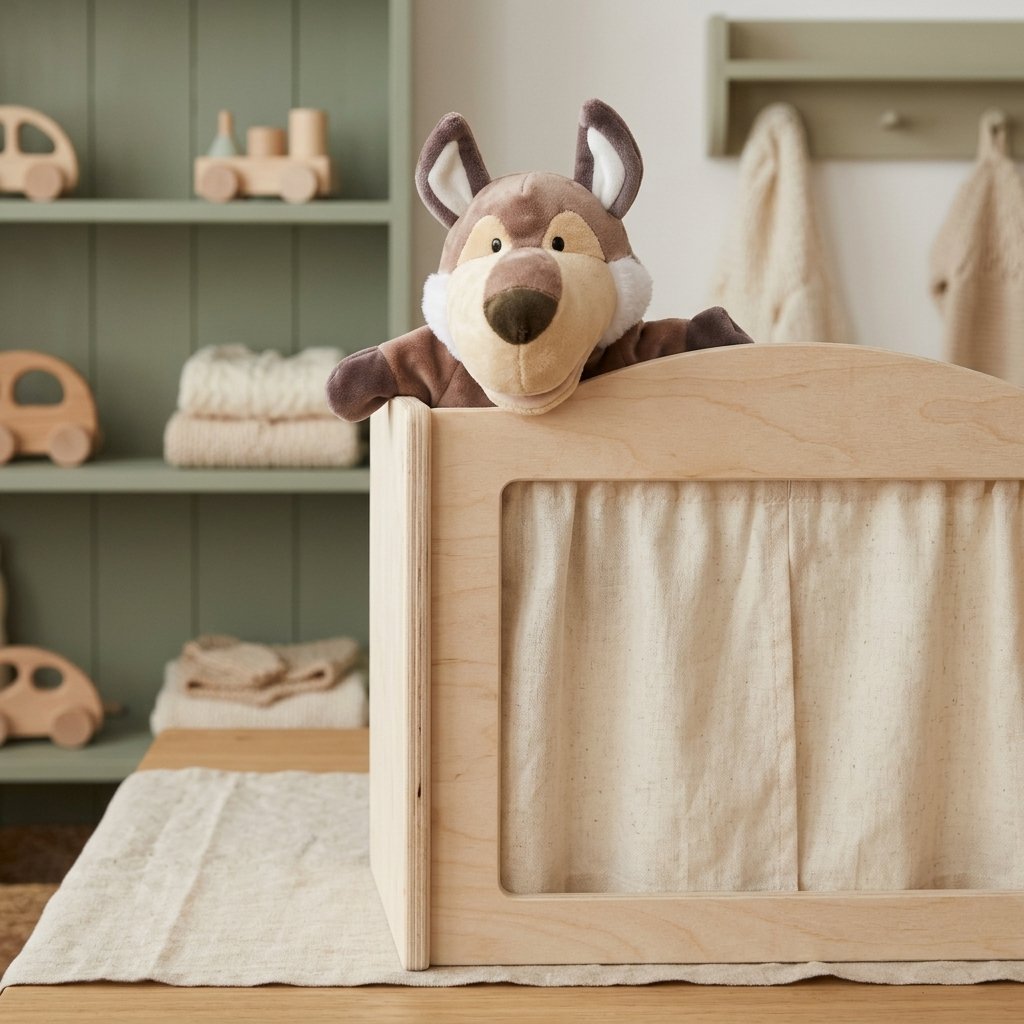 Marionnette loup dépassant d'un castelet en bois Image
