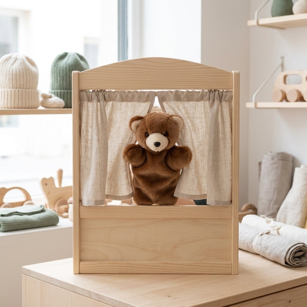 Marionnette ours brun dépassant d'un petit castelet en bois Image