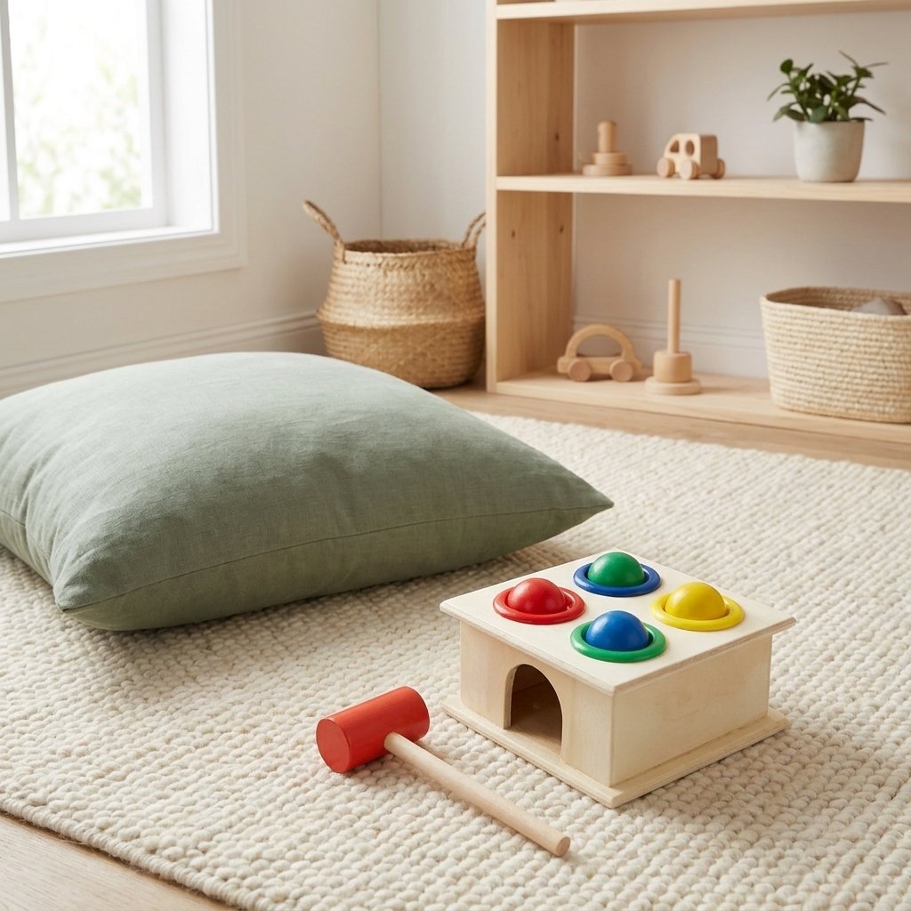 Banc à marteler sur un tapis crème