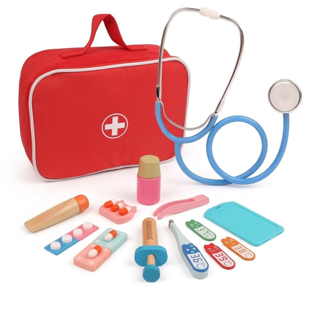 Mallette docteur en bois : sacoche rouge, stéthoscope, seringue, thermomètre et pilules