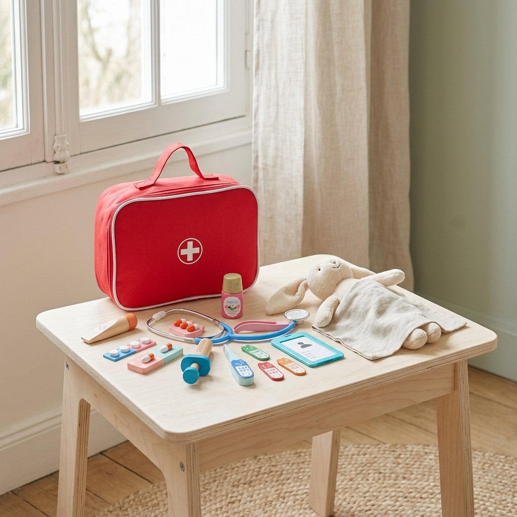 Mallette docteur ouverte sur une table d'enfant, un lapin en patient