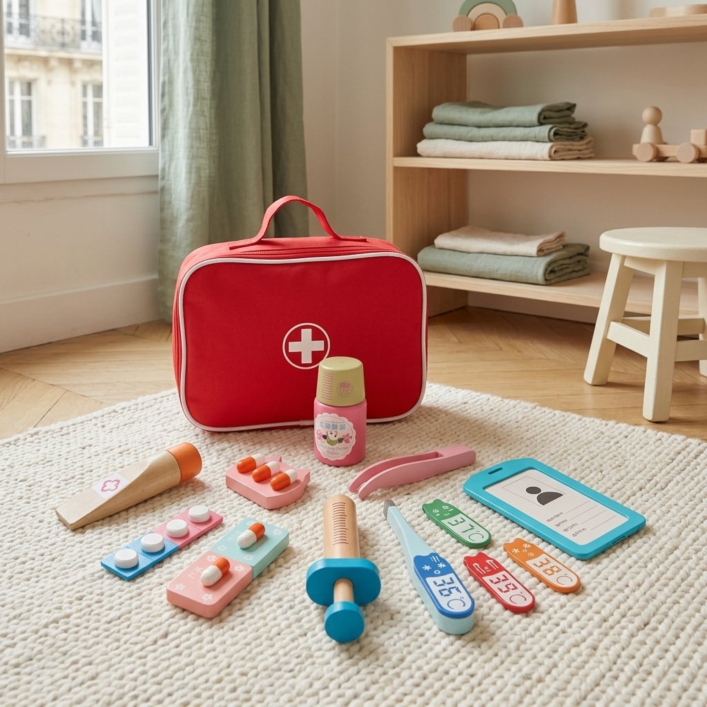 Mallette docteur et ses instruments sur un tapis crème