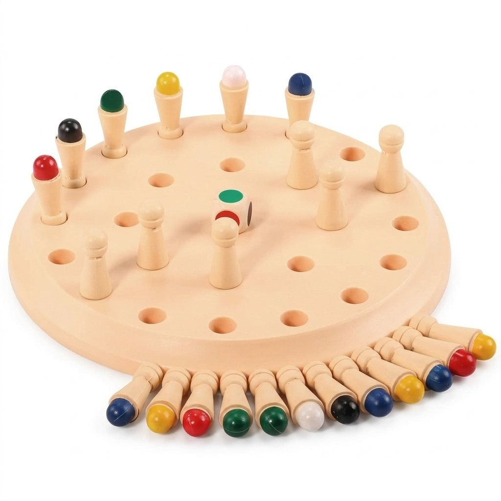Jeu de mémoire en bois : plateau rond, 24 pions à base colorée et dé