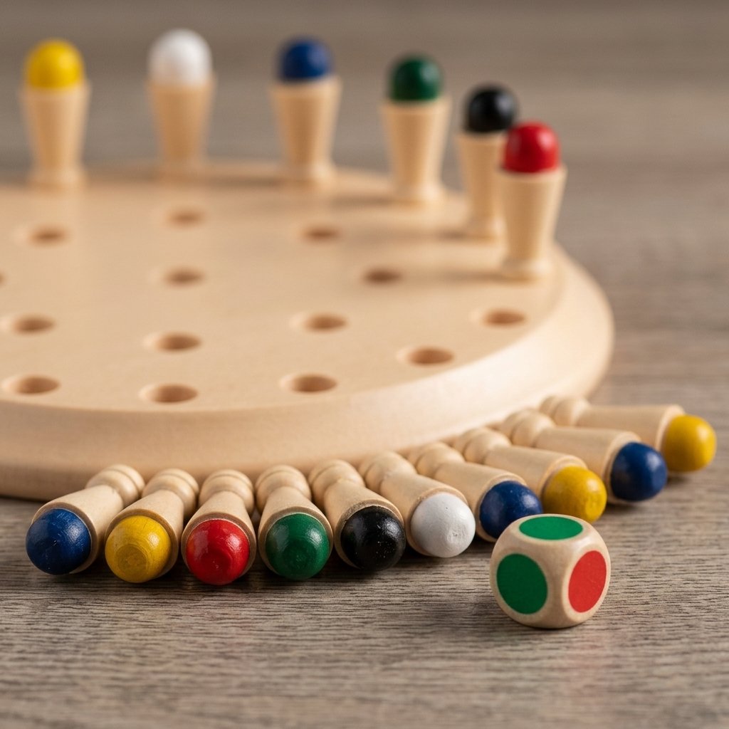 Bases colorées des pions et dé du jeu de mémoire