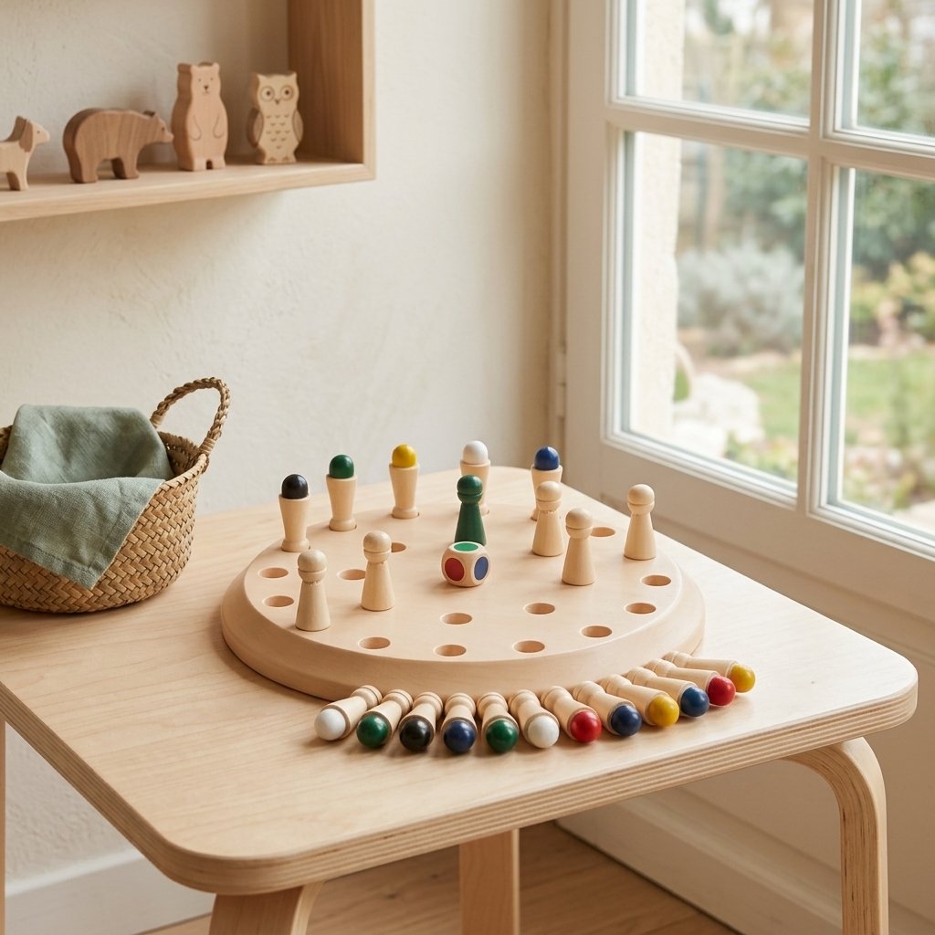 Jeu de mémoire en bois sur une table d'enfant