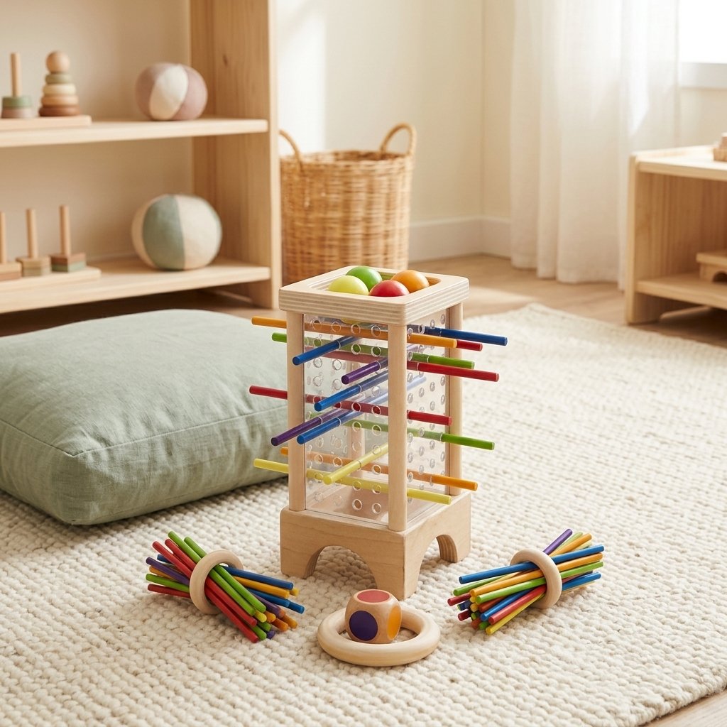 Tour à bâtonnets posé sur un tapis crème