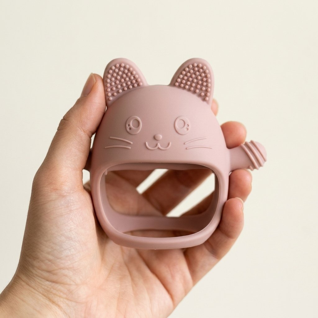 Anneau de dentition chat tenu dans une main adulte pour montrer sa taille Image