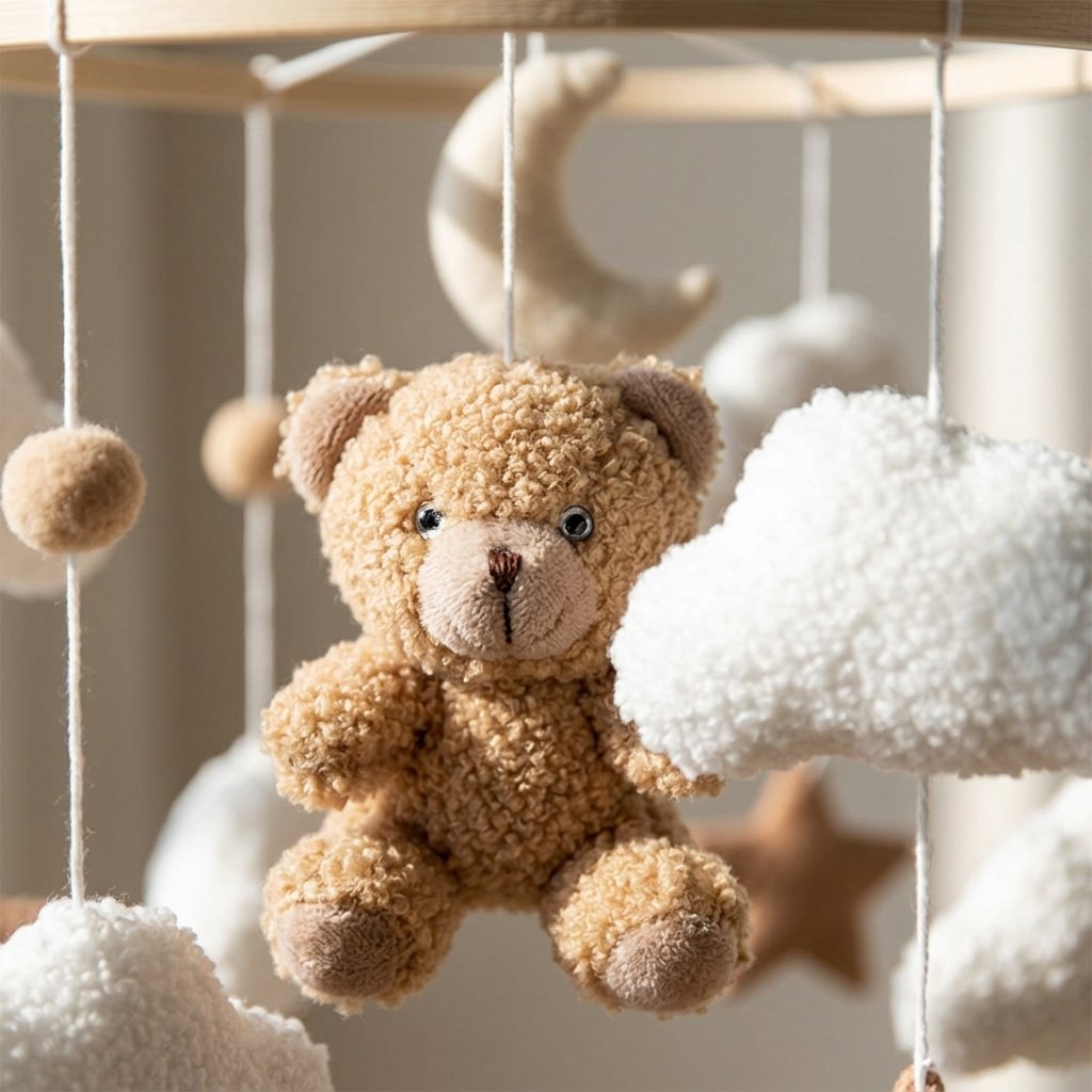Ourson brun et nuage en laine bouclette du mobile