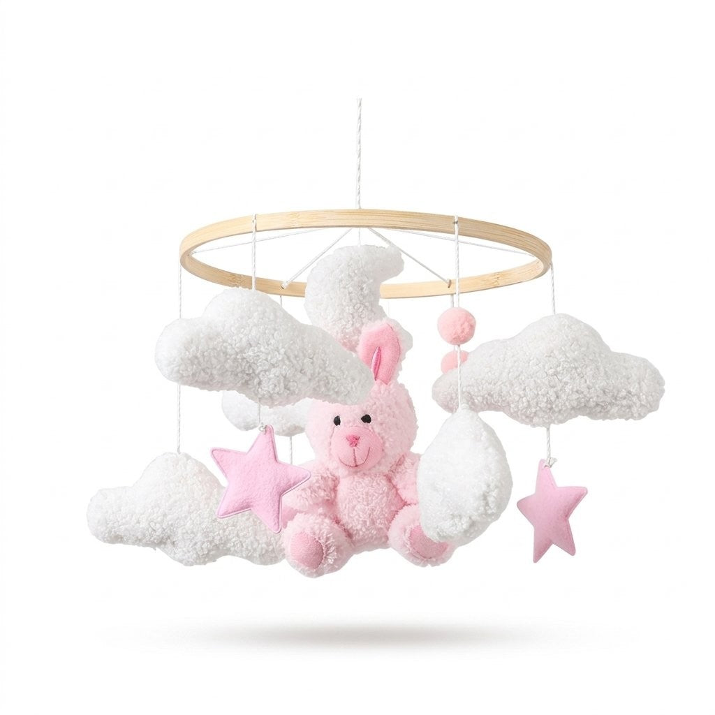 Mobile bébé nuages bouclette et lapin rose