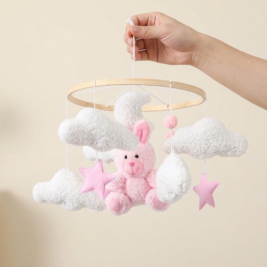 Main tenant le mobile lapin rose