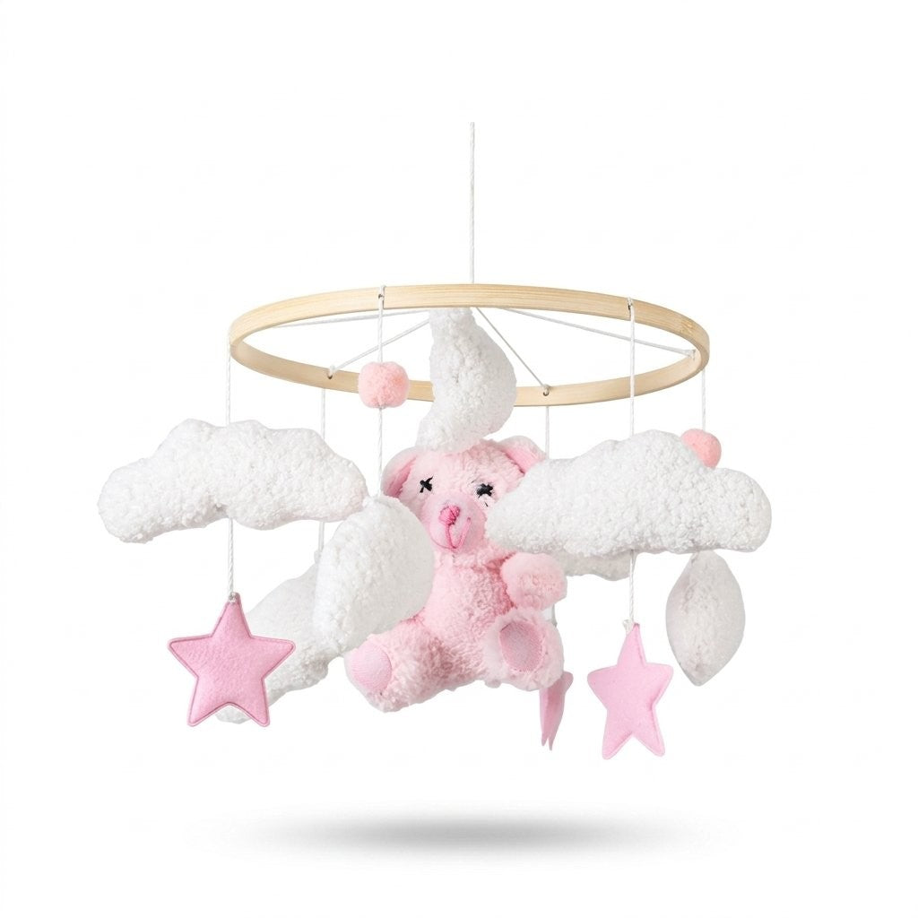 Mobile bébé nuages bouclette et ourson rose