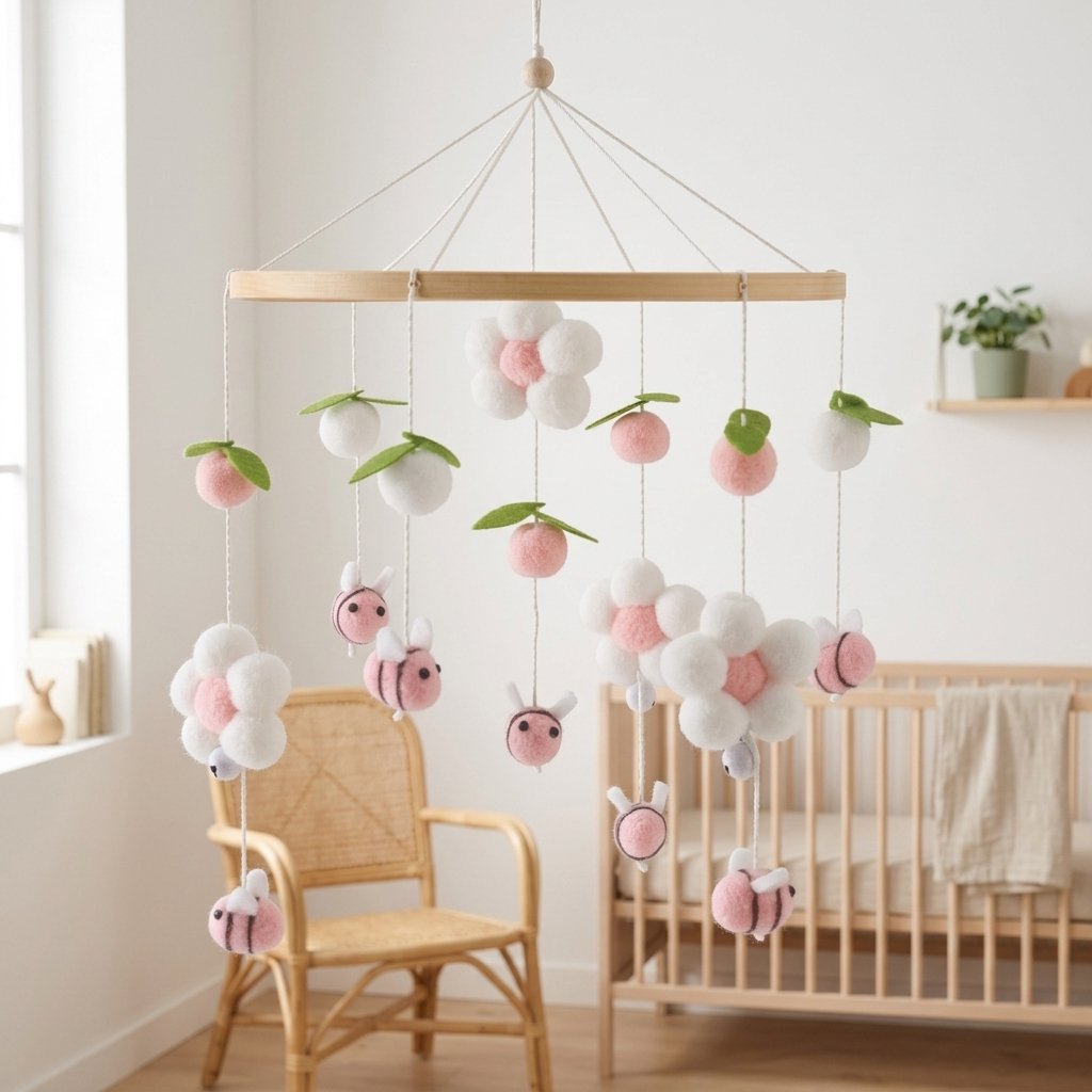 Mobile fleurs suspendu au-dessus d'un fauteuil en rotin
