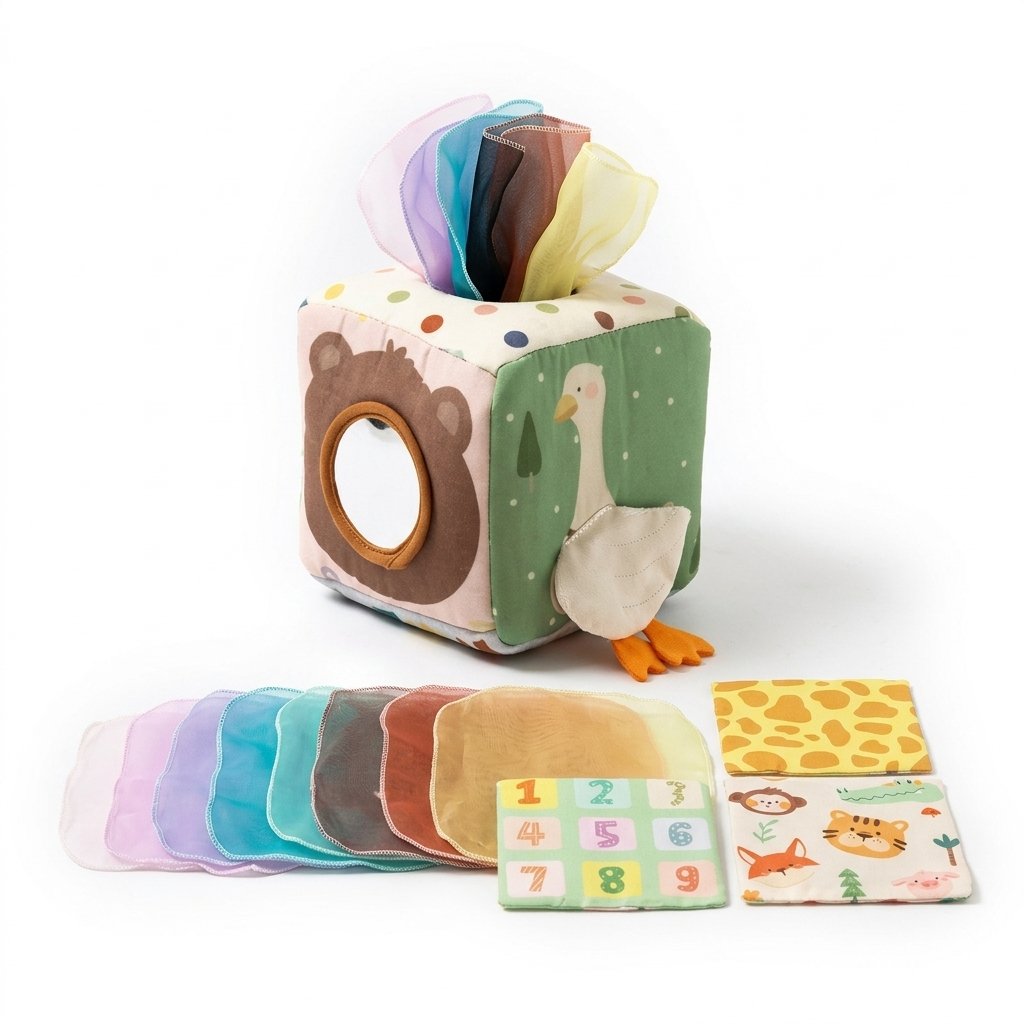Boîte à mouchoirs bébé en tissu avec foulards colorés et cartes