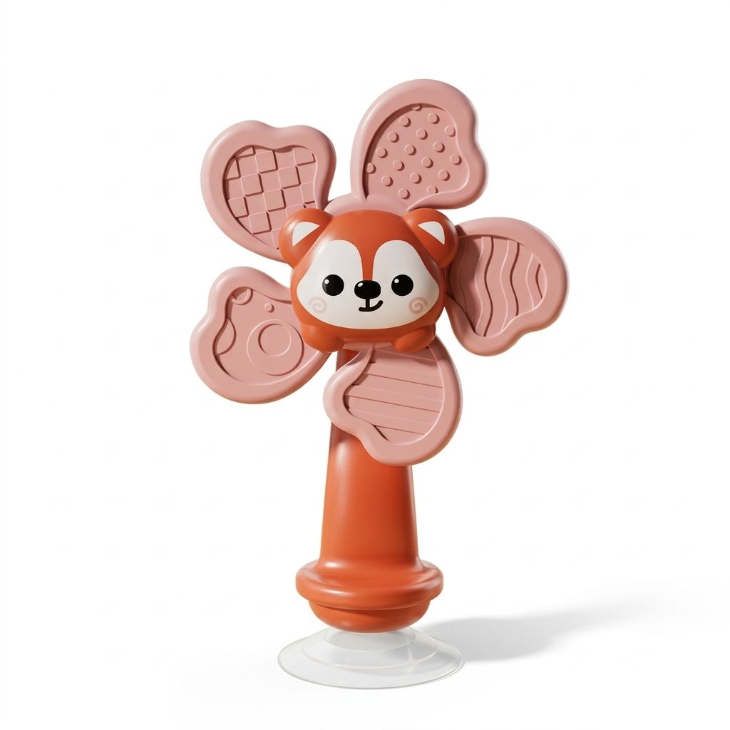 Jouet ventouse bébé moulin renard, pied rouge orangé