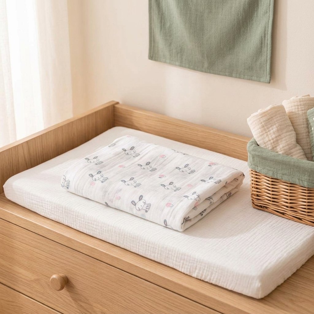 Lange imprimé lapins plié sur une commode à langer Image