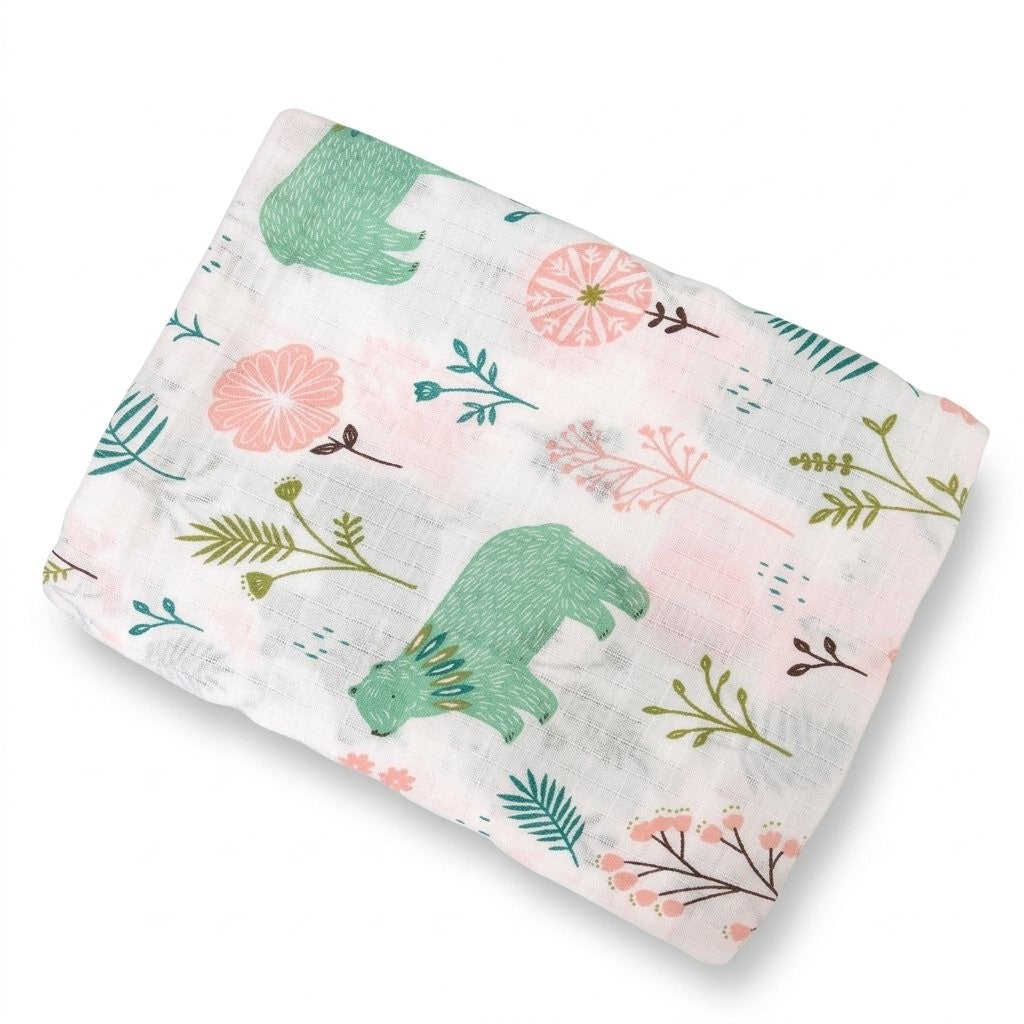 Lange en mousseline de coton imprimé ours et fleurs