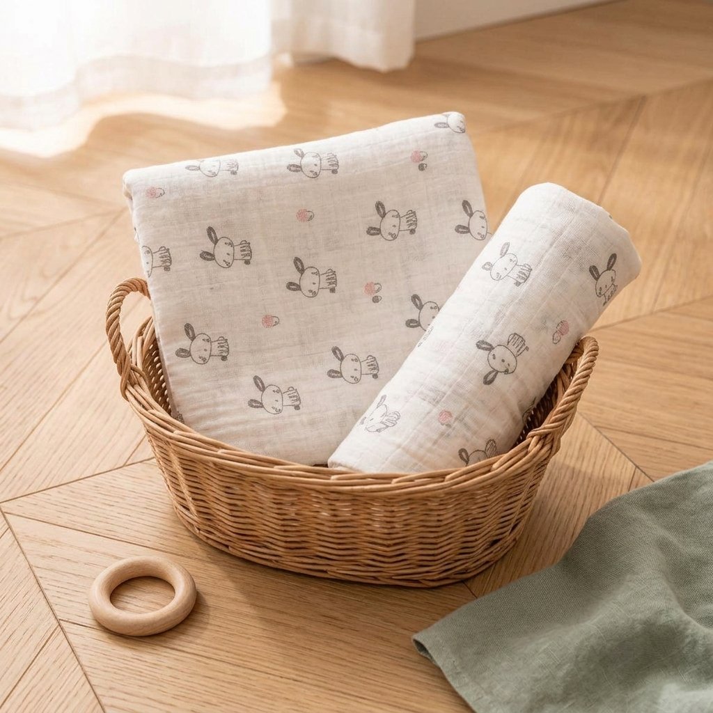 Lange imprimé roulé dans un panier en osier