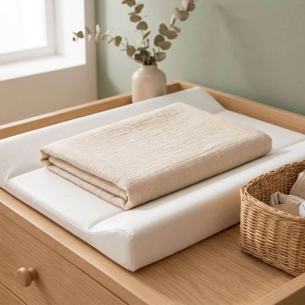 Lange uni beige plié sur une commode à langer