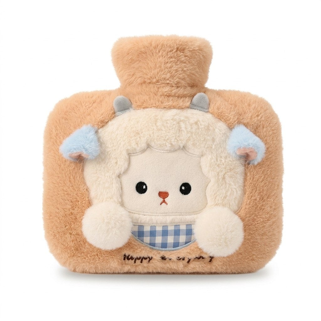 Bouillotte peluche abricot avec un petit mouton bouclé en relief