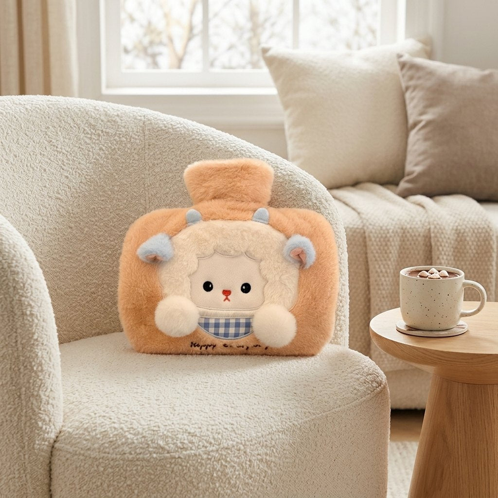 Bouillotte mouton sur un fauteuil bouclette à côté d’un chocolat chaud