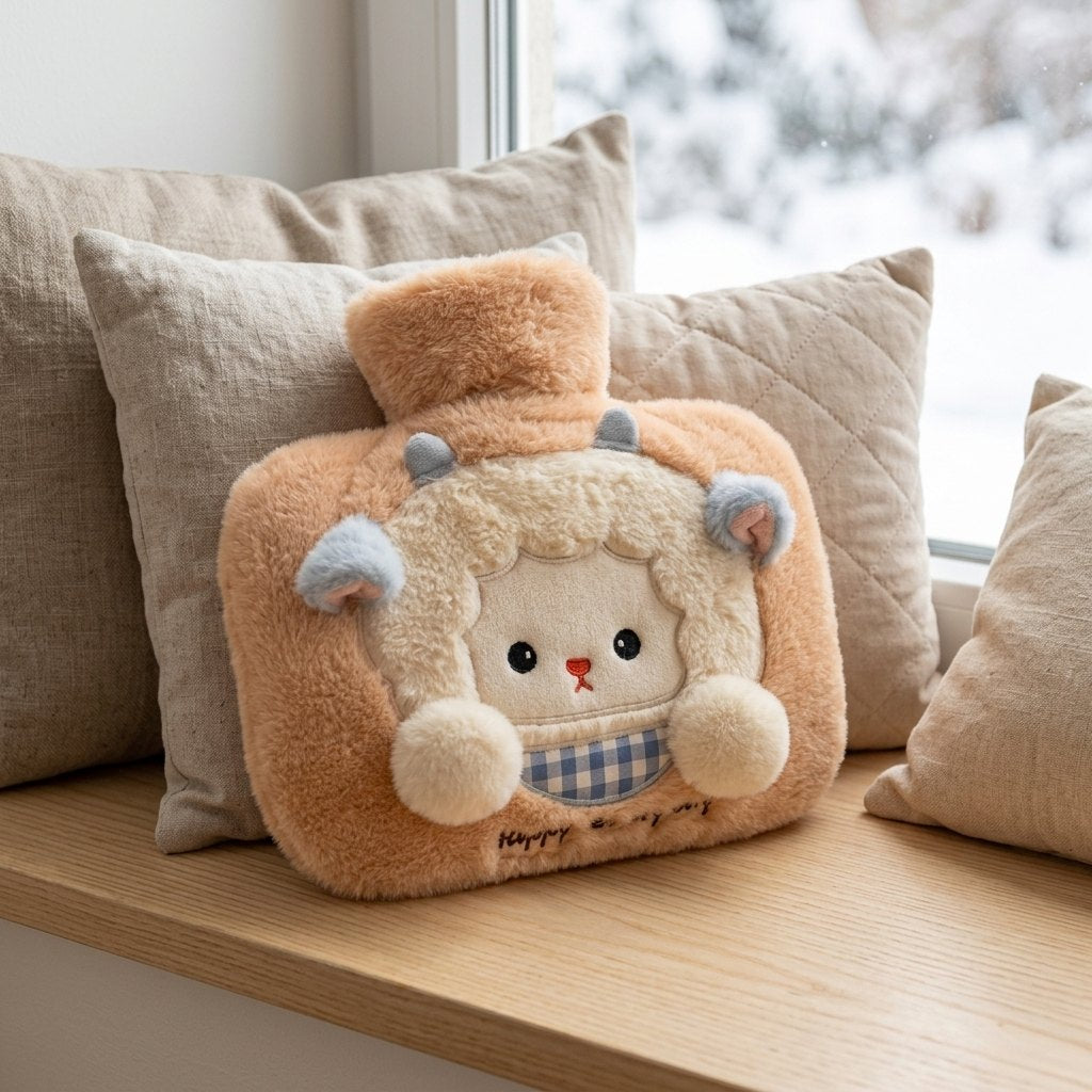 Bouillotte mouton sur un rebord de fenêtre en hiver