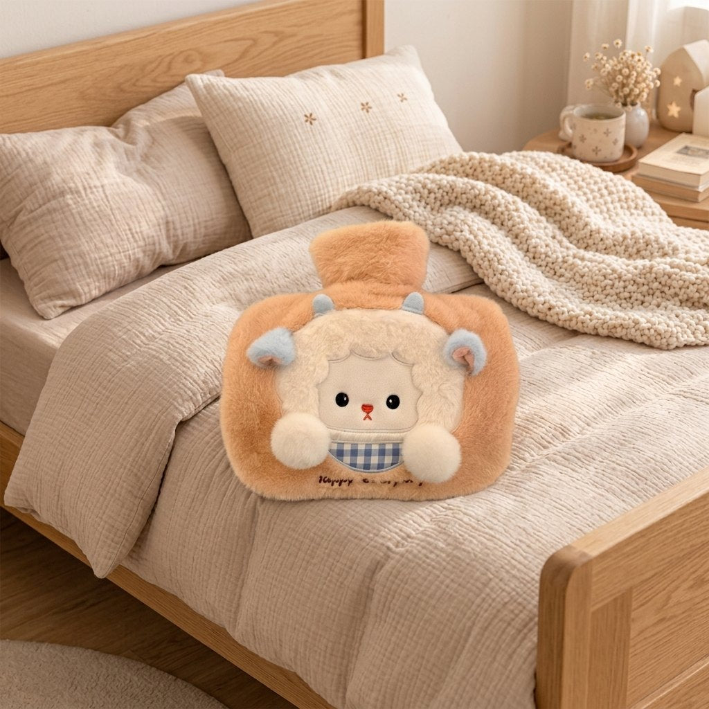 Bouillotte mouton sur la couette d’un lit d’enfant