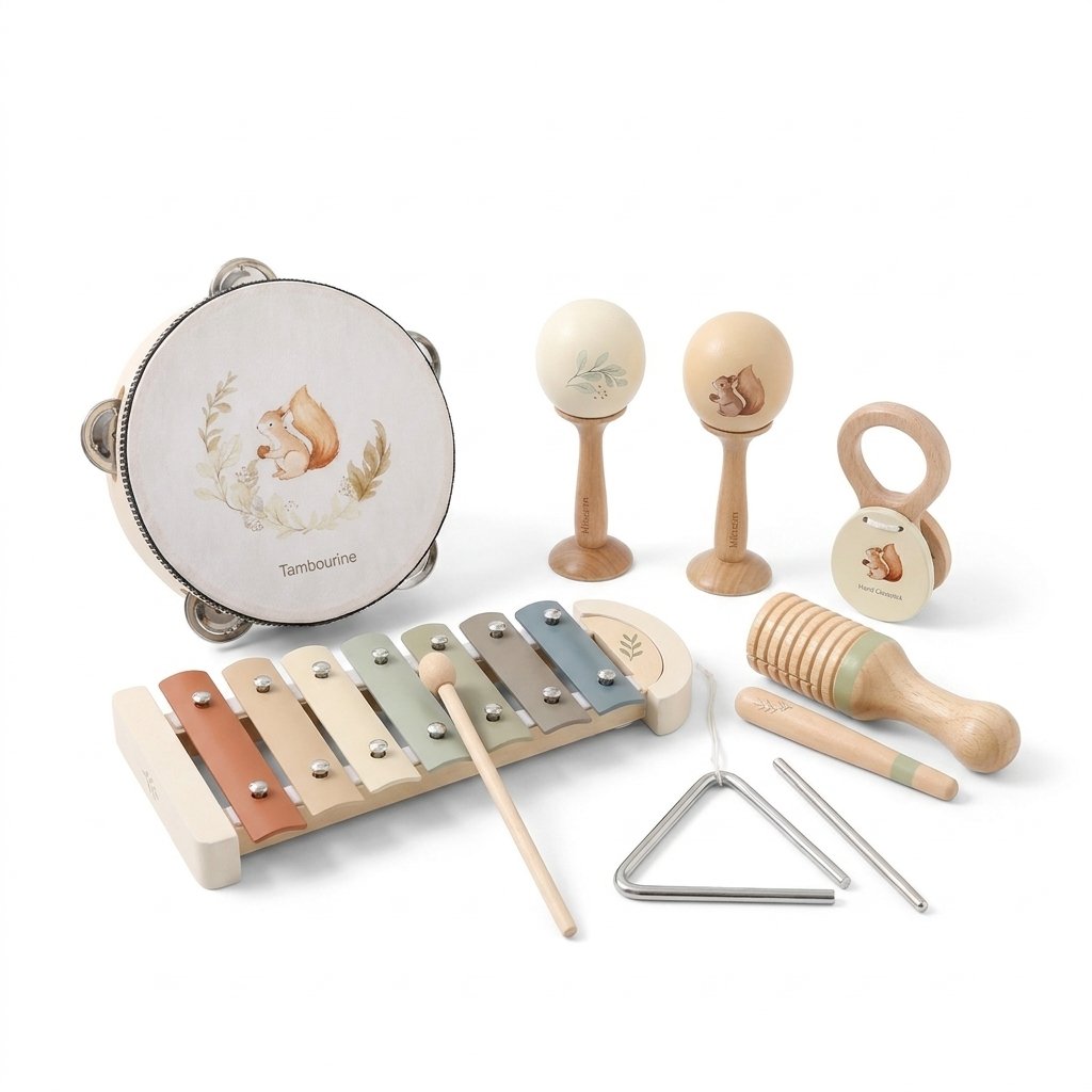 Coffret de sept instruments de musique d'enfant en bois clair illustrés d'un écureuil