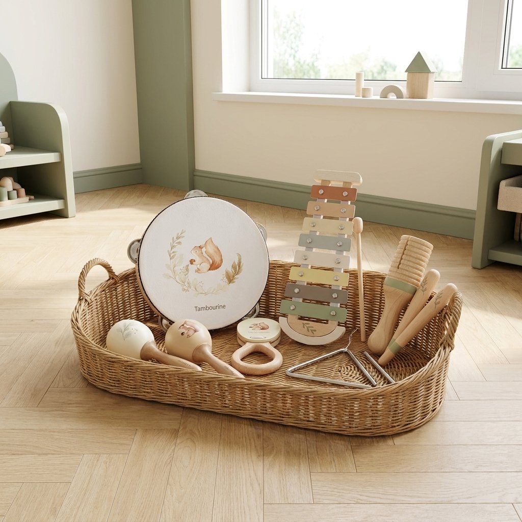 Instruments de musique en bois rangés dans un panier en osier