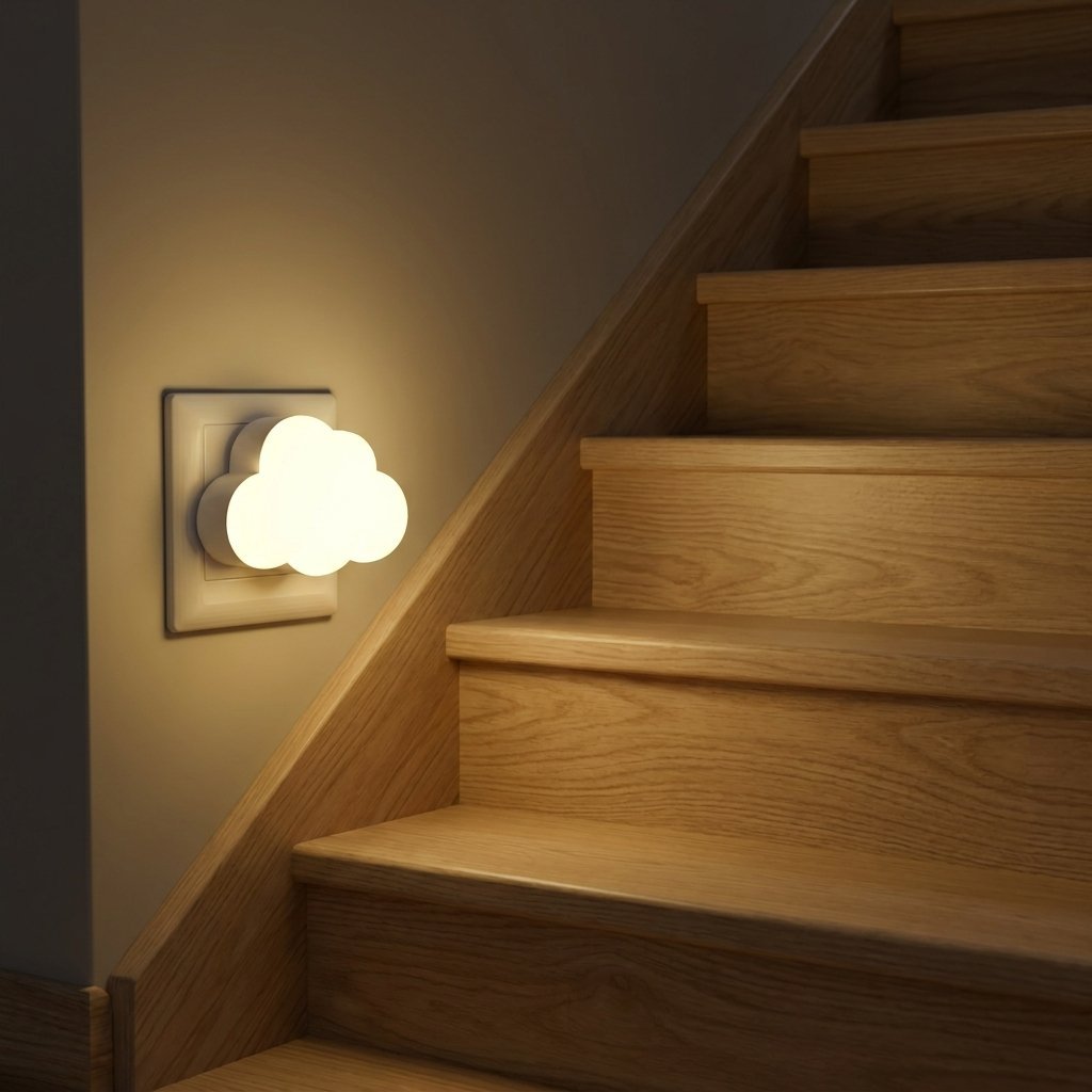Veilleuse nuage au pied d'un escalier la nuit