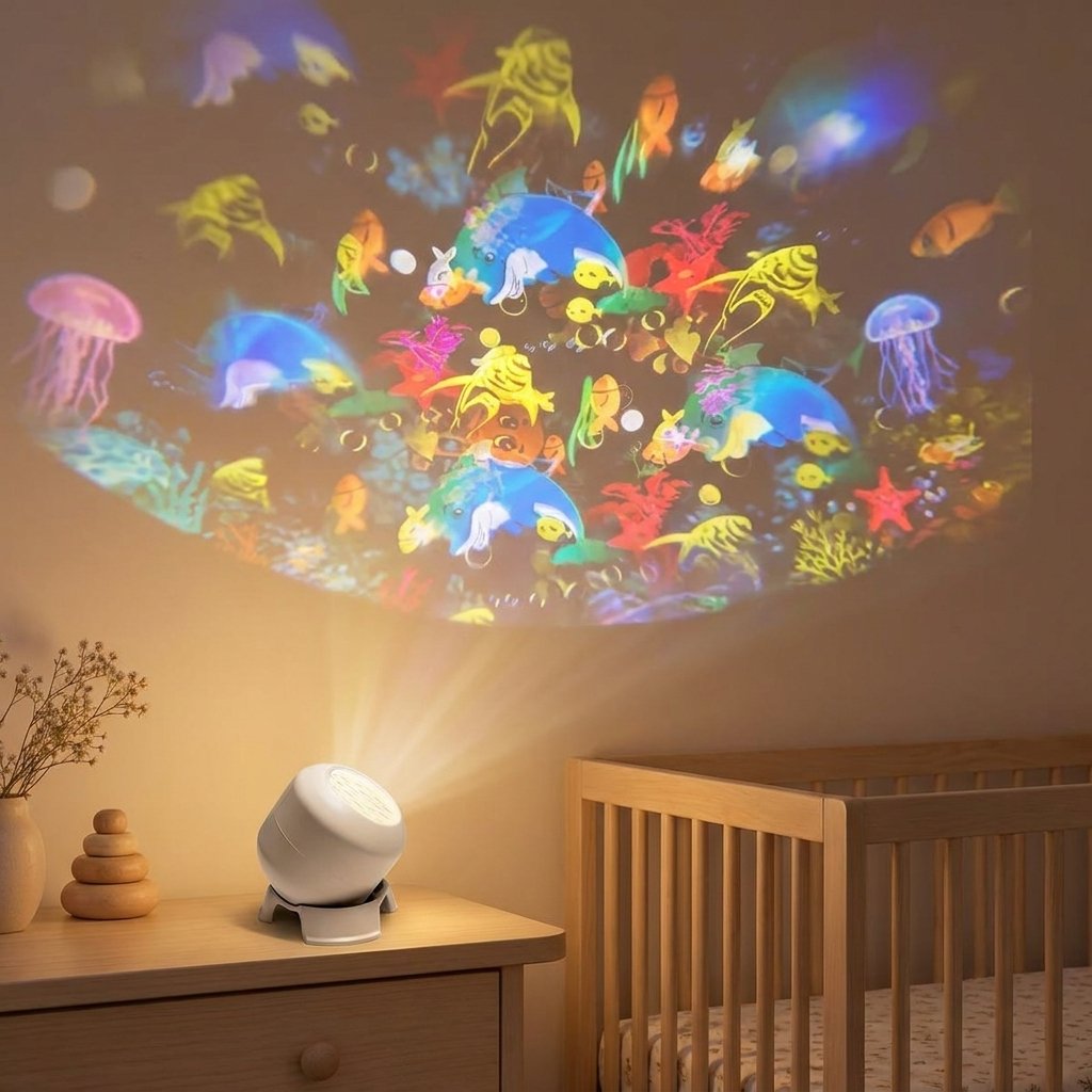 Projection colorée de méduses et poissons sur un mur