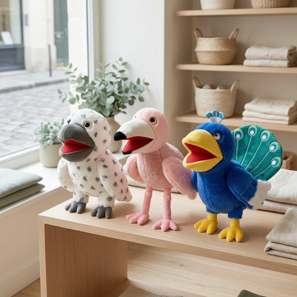 Marionnettes hibou, flamant rose et paon sur une étagère
