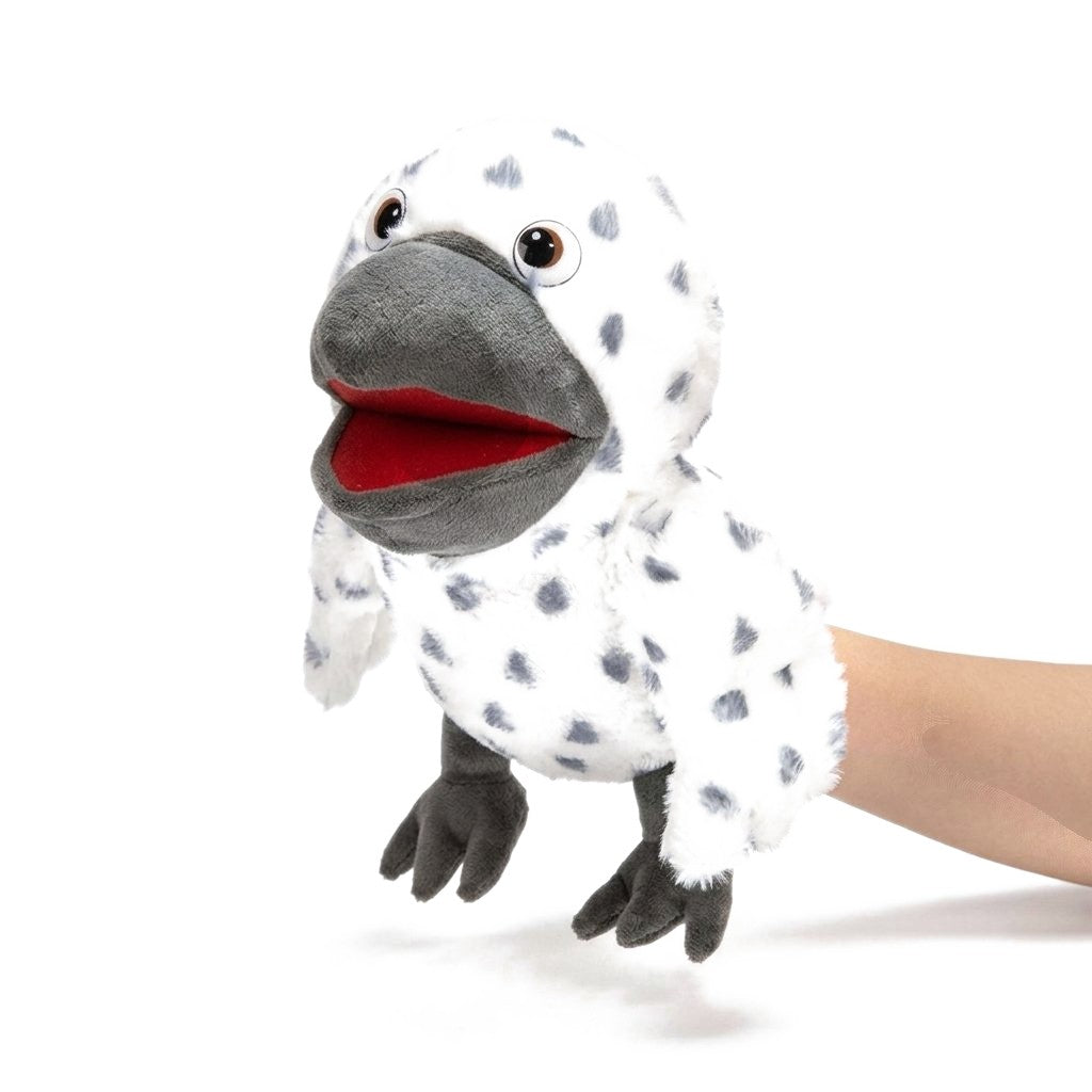 Marionnette à main hibou des neiges en peluche, bec ouvert