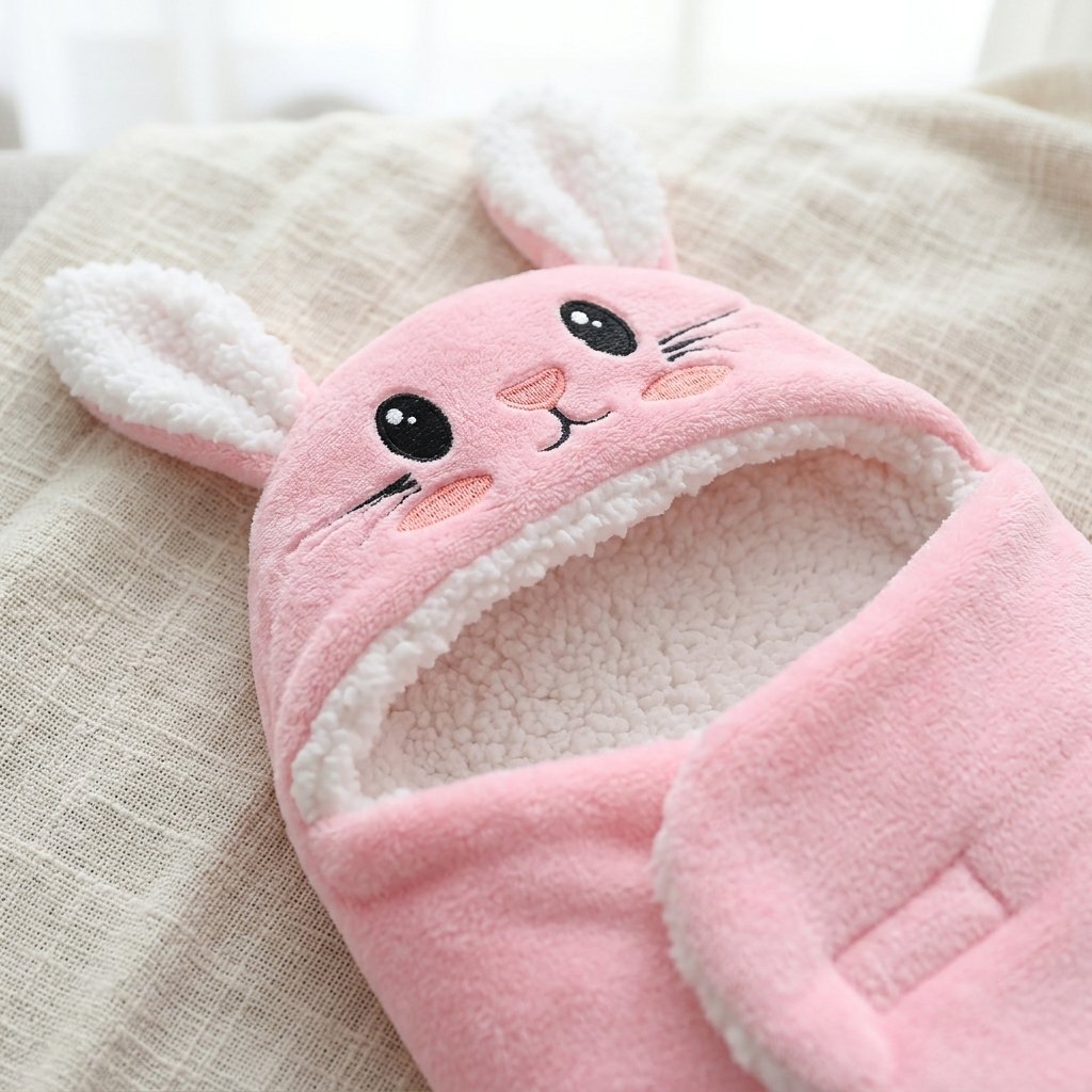 Détail de la capuche lapin et de sa bordure bouclée