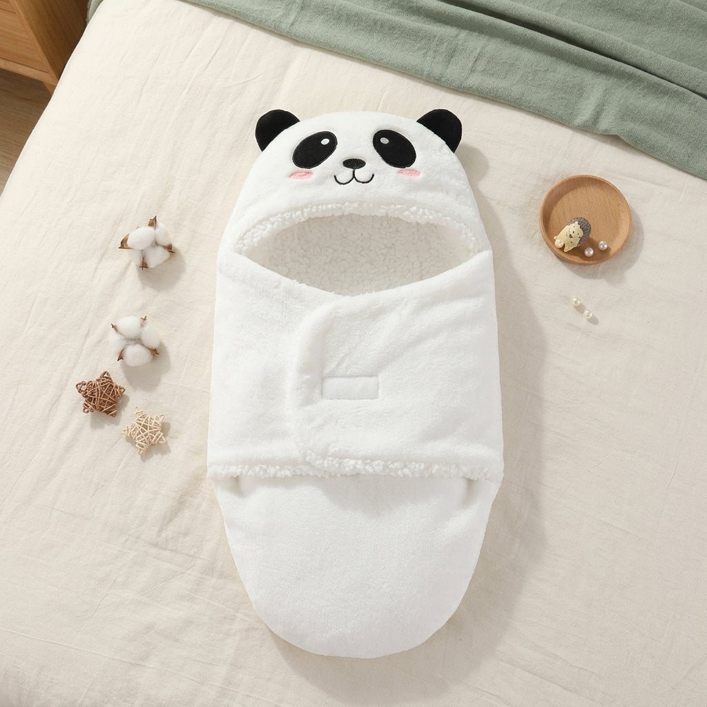 Nid d'ange panda posé sur un lit en lin Image