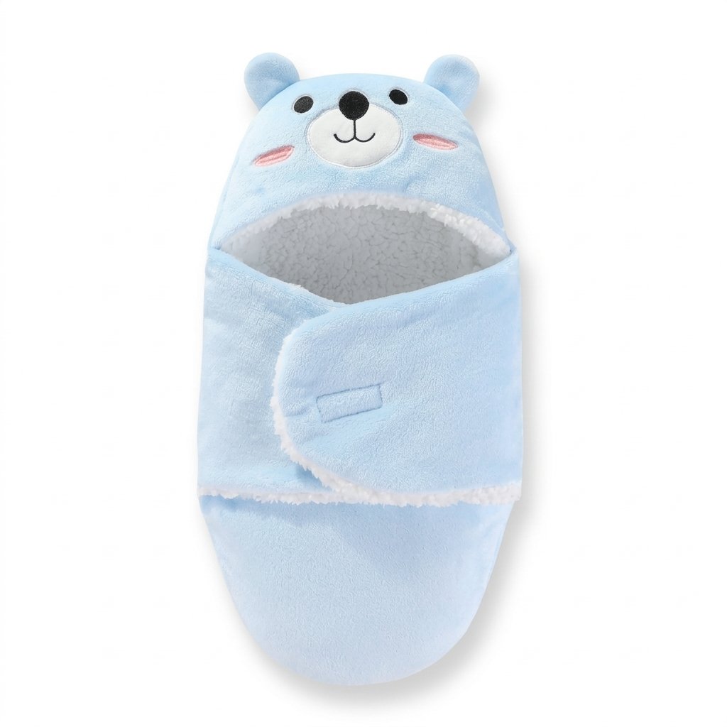 Nid d'ange bébé bleu à capuche ours, fermé par un rabat à scratch