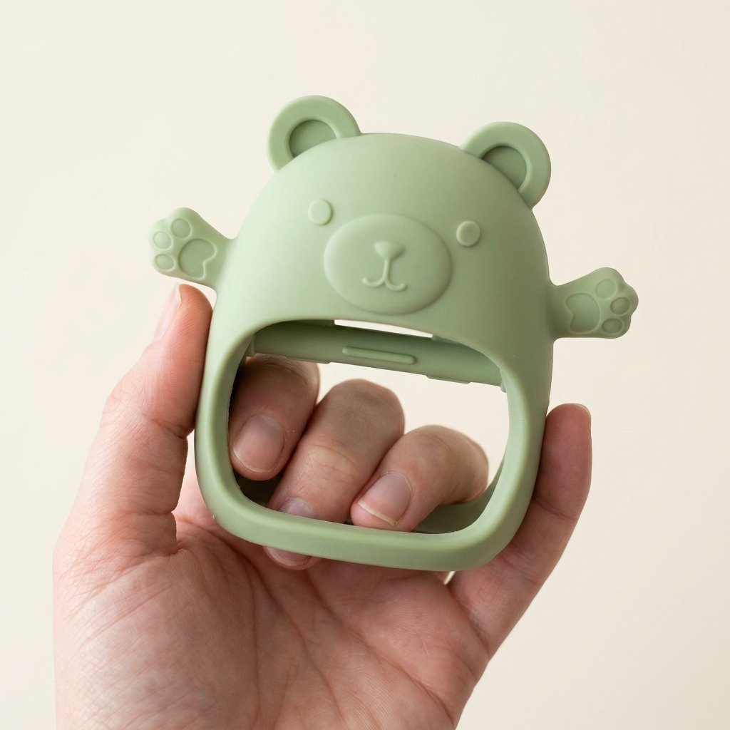 Anneau de dentition ourson tenu dans la main pour montrer sa taille