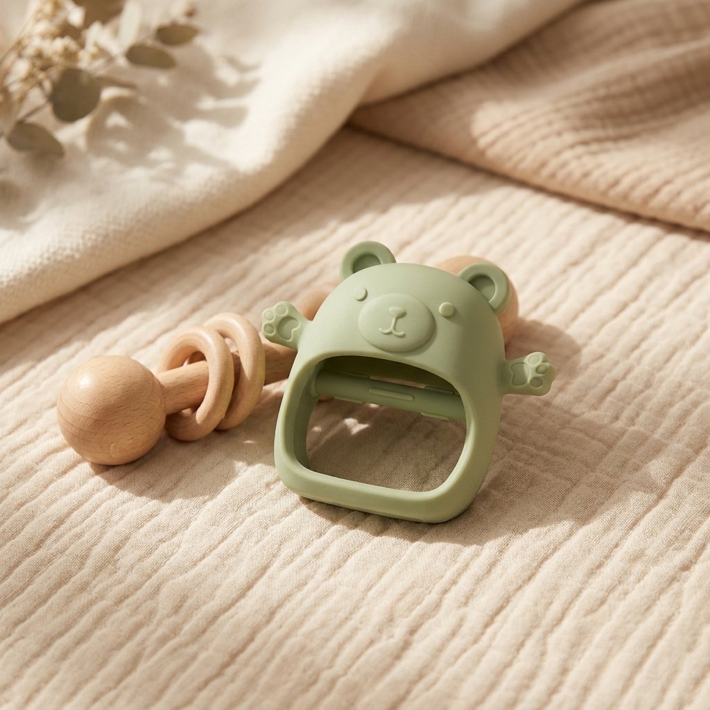 Anneau de dentition ourson sur un tapis d'éveil