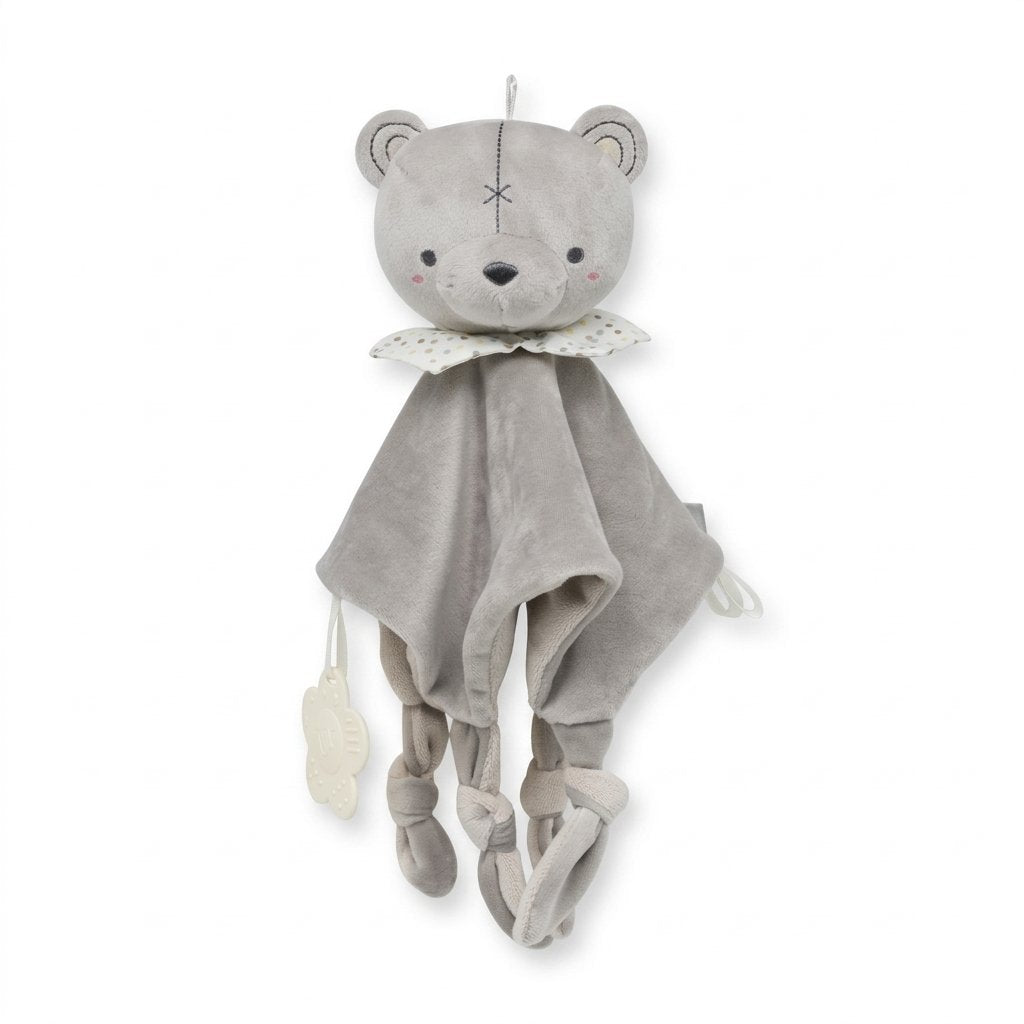 Doudou ourson gris en velours avec anneau de dentition
